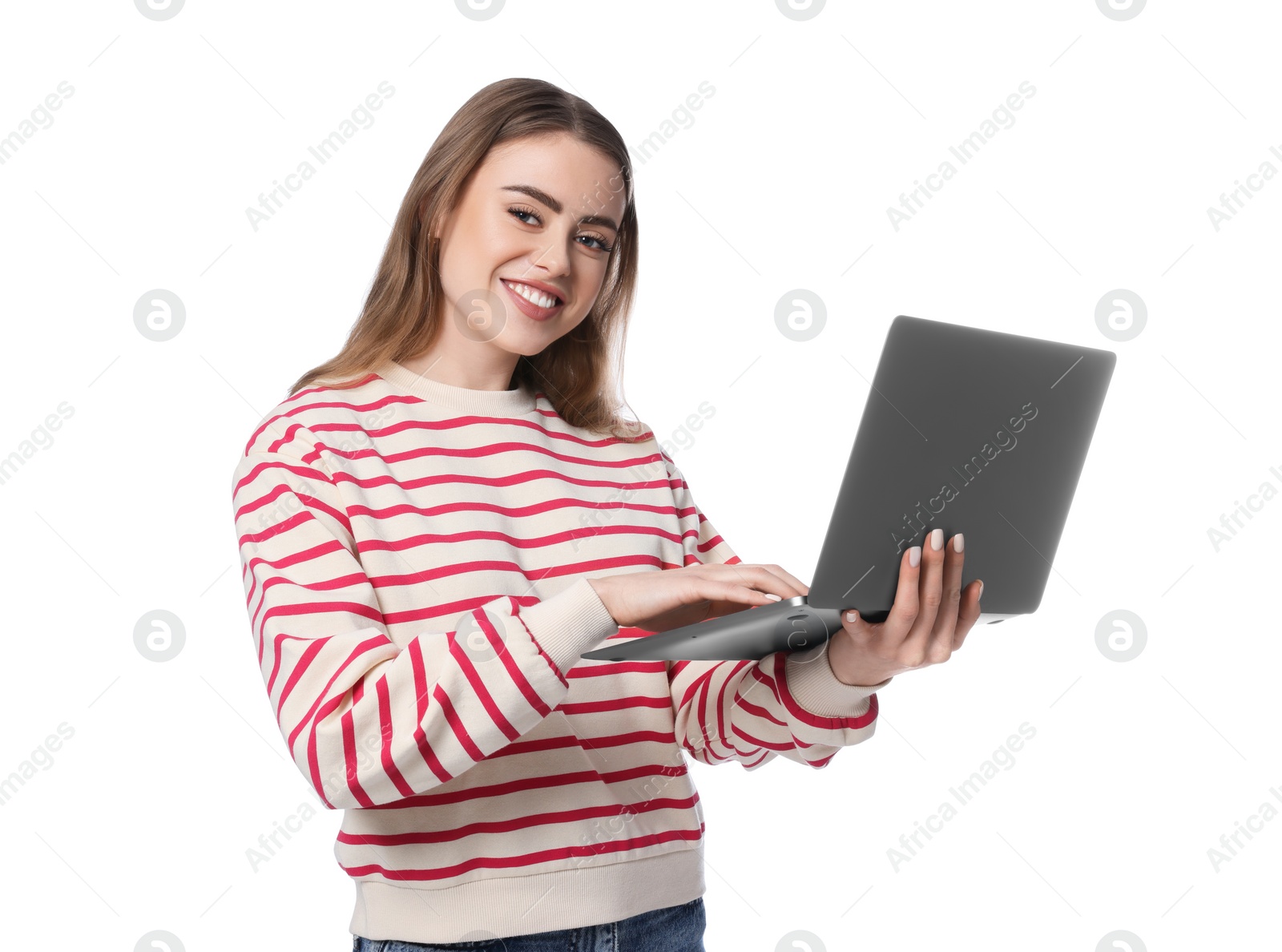 Photo of Happy woman with laptop on white background