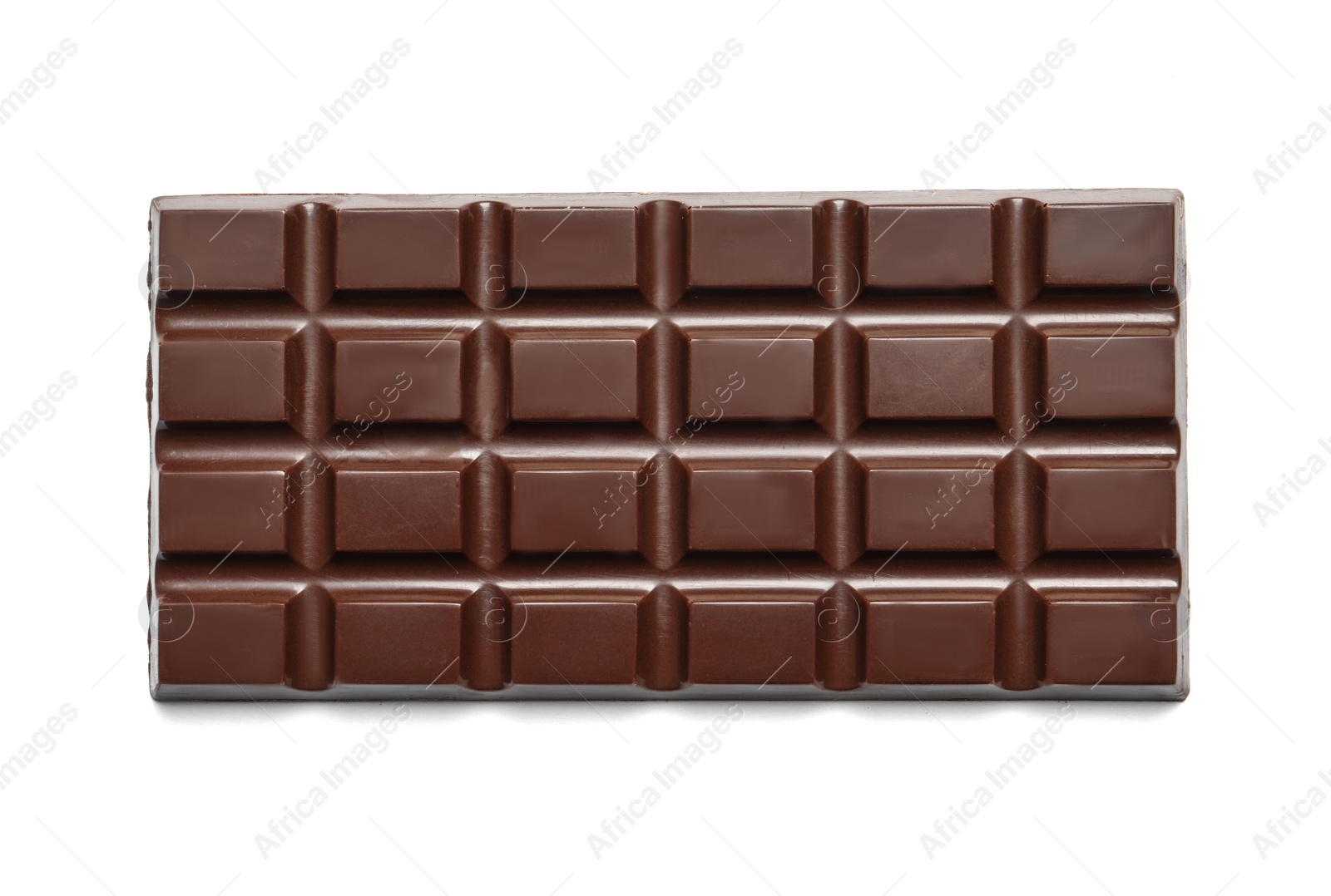 Photo of Tasty dark chocolate bar on white background, top view