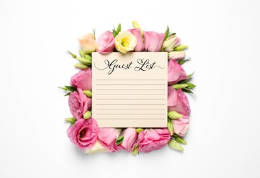 Image of Guest list and beautiful flowers on white background, top view