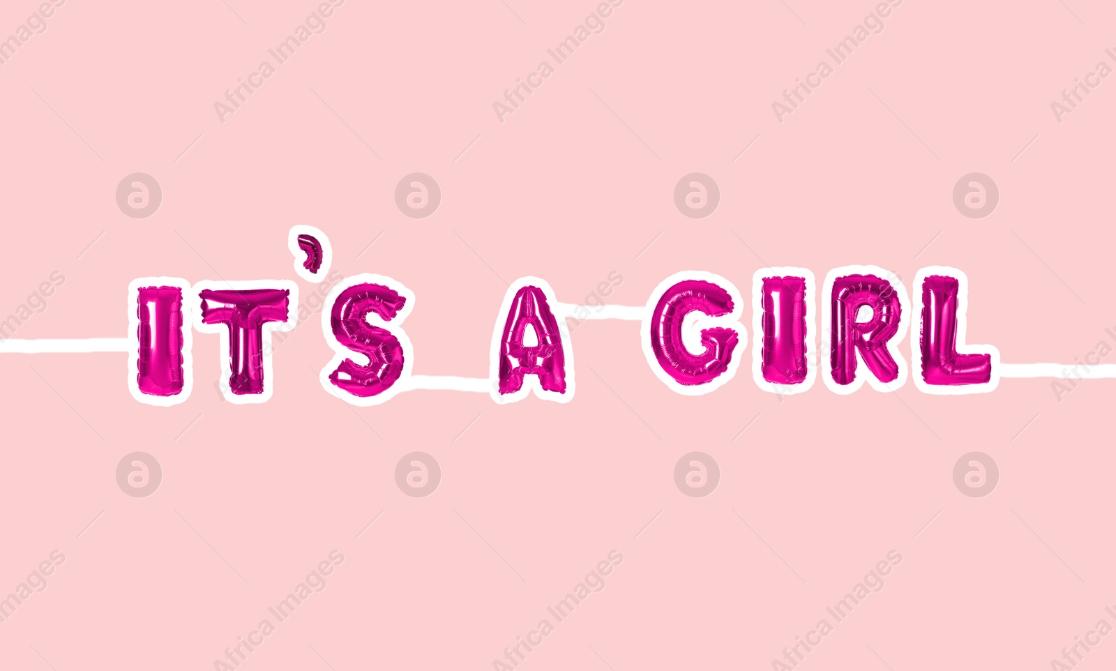 Image of Phrase ITS A GIRL made of foil balloon letters on pink background. Baby shower party