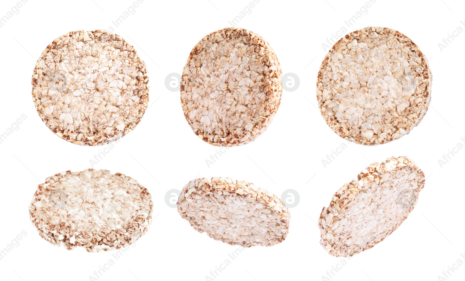 Image of Set with tasty crunchy puffed cakes on white background