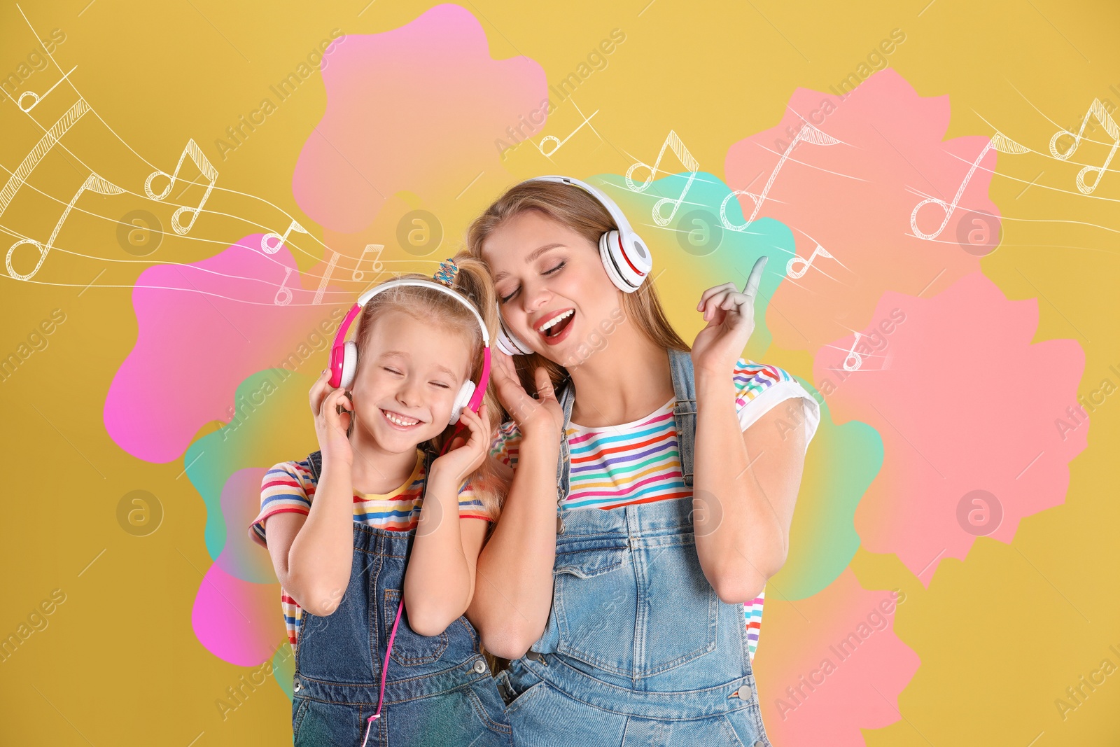 Image of Happy mother and little daughter listening to music on color background. Bright notes illustration