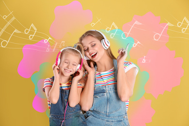 Image of Happy mother and little daughter listening to music on color background. Bright notes illustration