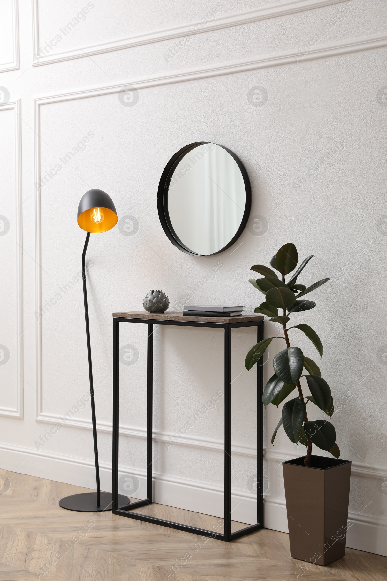 Photo of Console table, houseplant and lamp near light wall with mirror indoors. Interior design