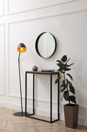 Photo of Console table, houseplant and lamp near light wall with mirror indoors. Interior design