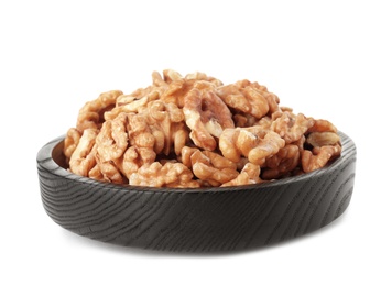 Bowl with tasty walnuts on white background