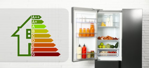 Image of Energy efficiency rating label and open refrigerator indoors, banner design
