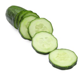 Photo of Many fresh cucumber slices isolated on white