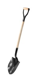Photo of One new shovel with wooden handle isolated on white. Gardening tool
