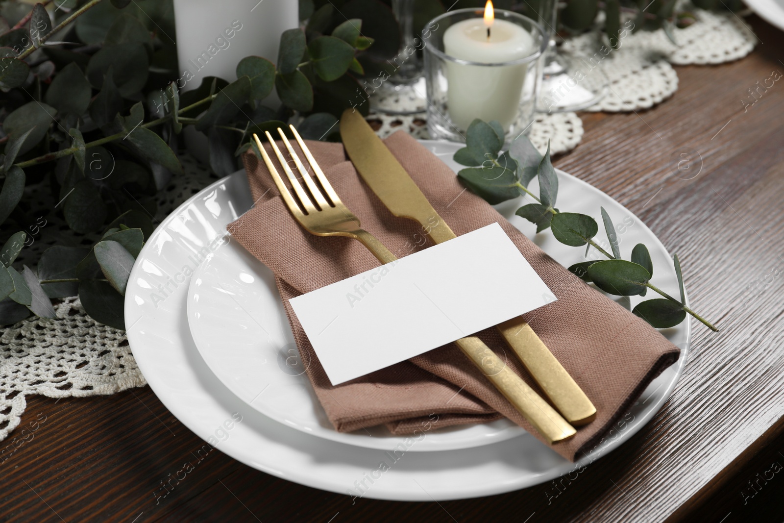 Photo of Luxury table setting with beautiful decor and blank card. Festive dinner