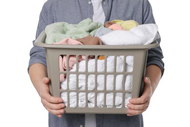 Photo of Man with basket full of laundry on white background, closeup