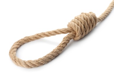 Photo of Rope noose with knot on white background, closeup