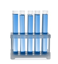 Test tubes with blue liquid in rack isolated on white