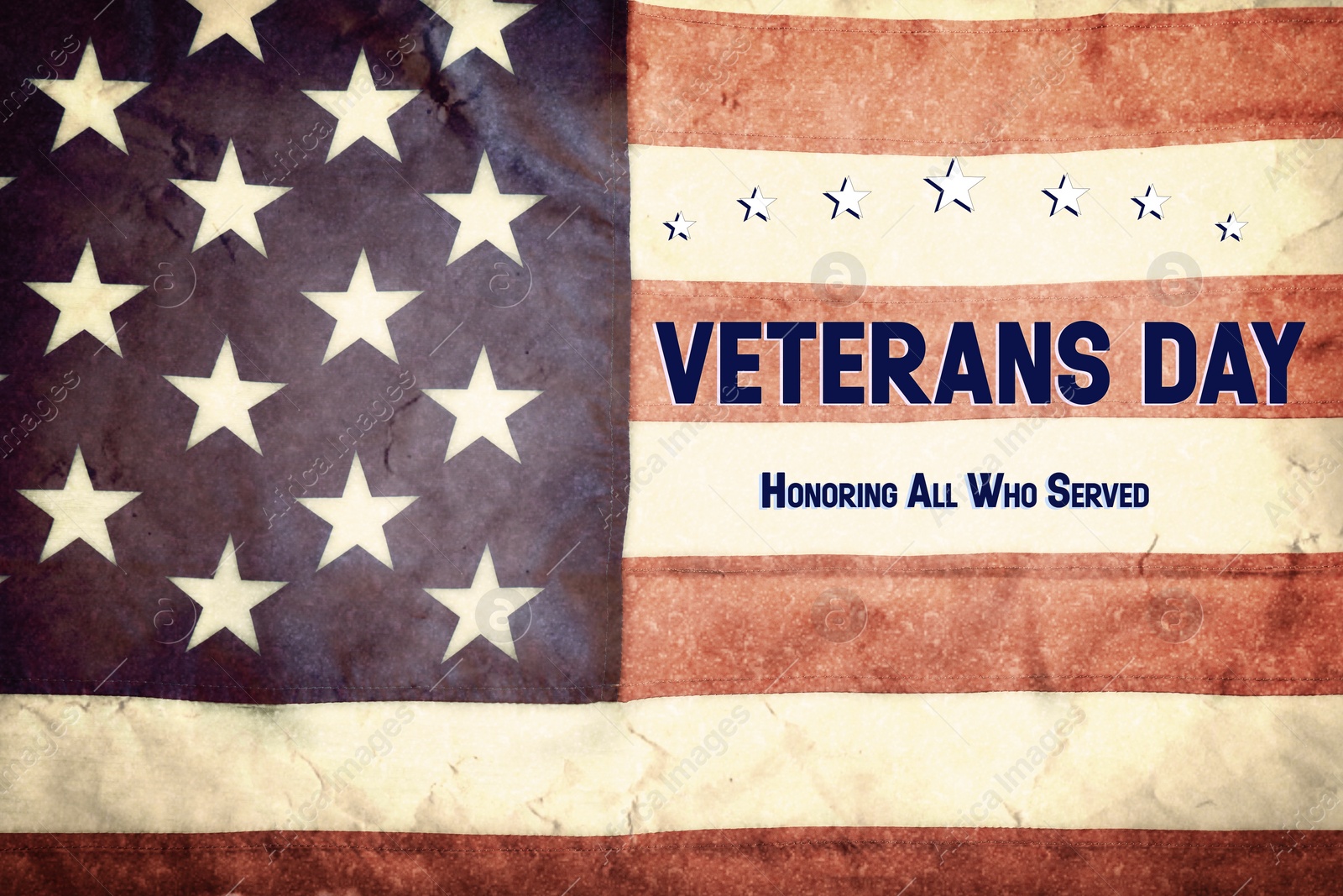 Image of Veterans day. Honoring all who served. American flag as background, closeup