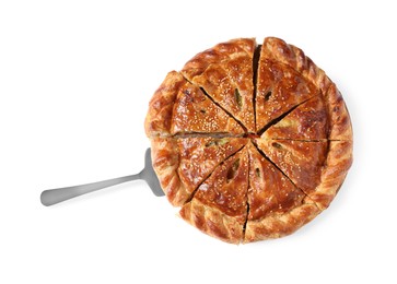 Photo of Cut delicious homemade pie and server isolated on white, top view