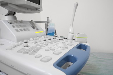 Ultrasound control panel in hospital, closeup. Medical equipment