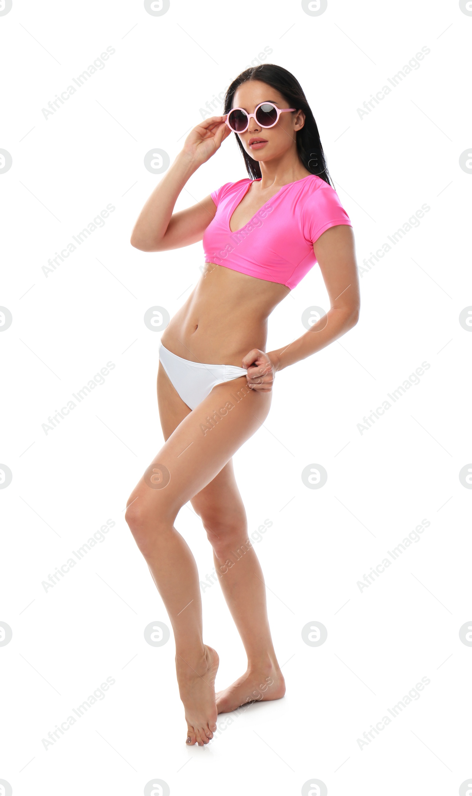 Photo of Beautiful young woman in stylish bikini with sunglasses on white background