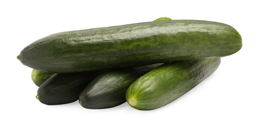 Photo of Many long fresh cucumbers isolated on white