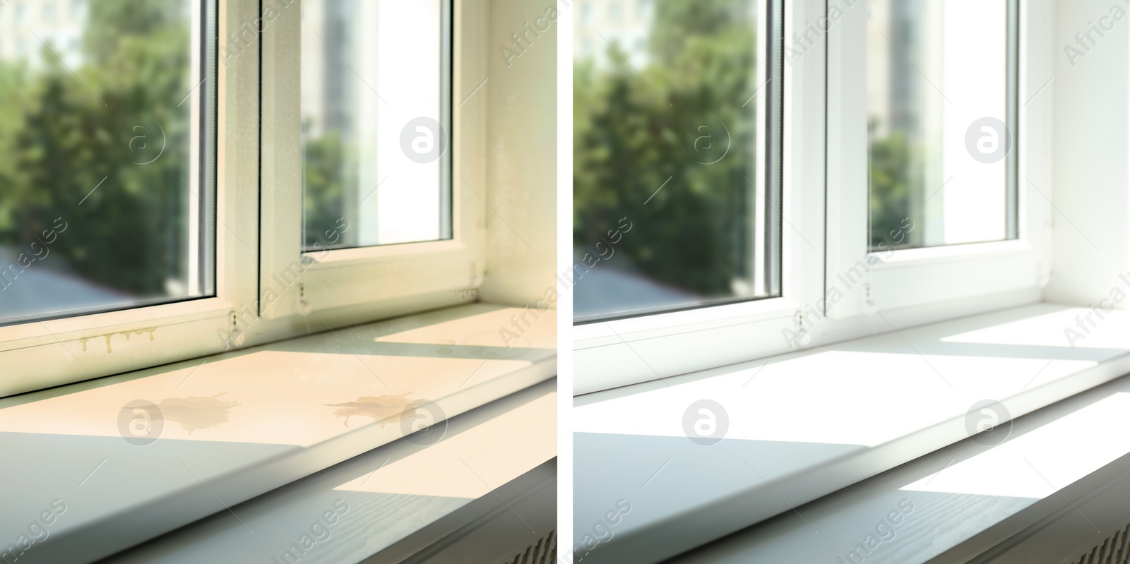 Image of Collage with photos of window sill before and after cleaning