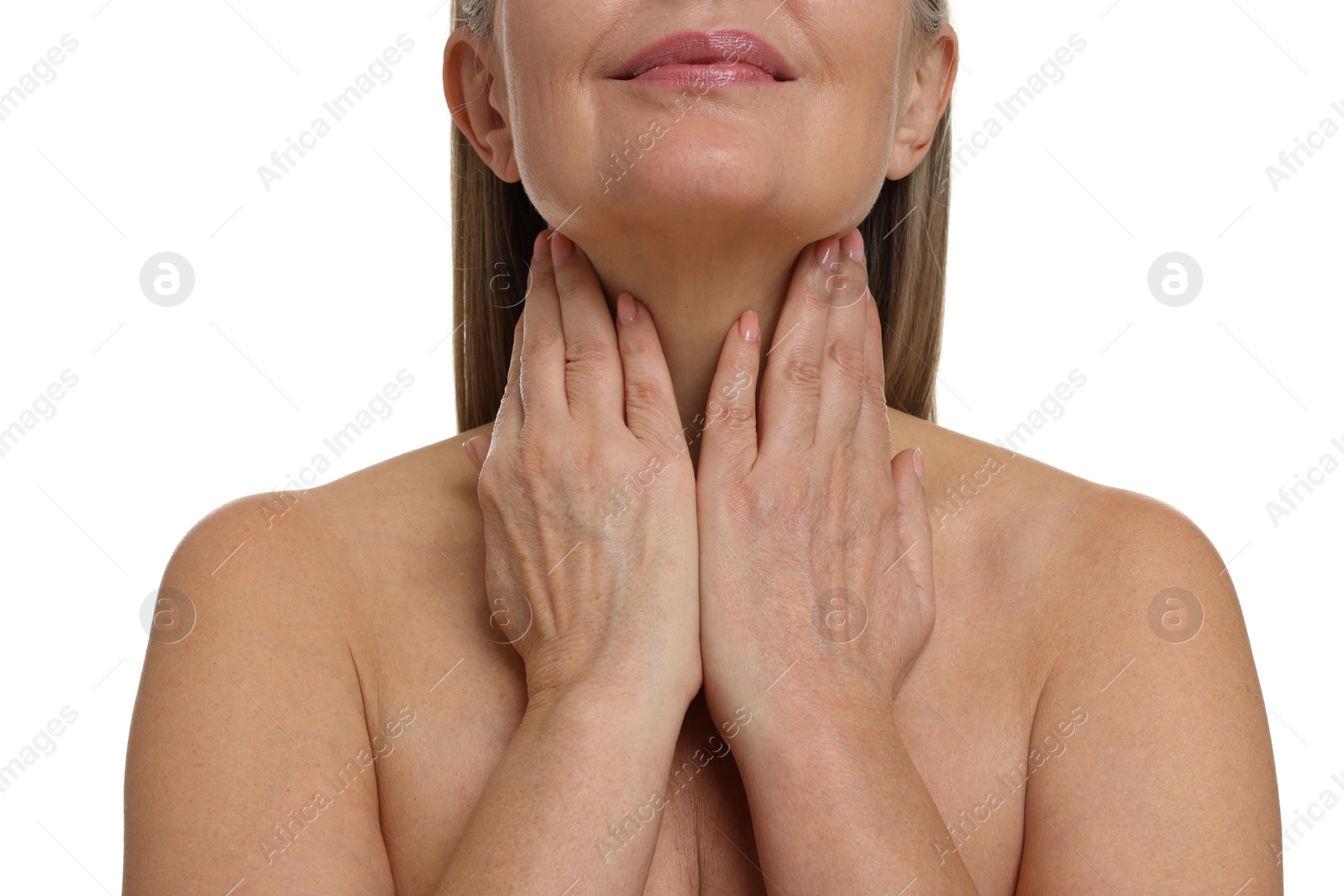 Photo of Mature woman touching her neck on white background, closeup