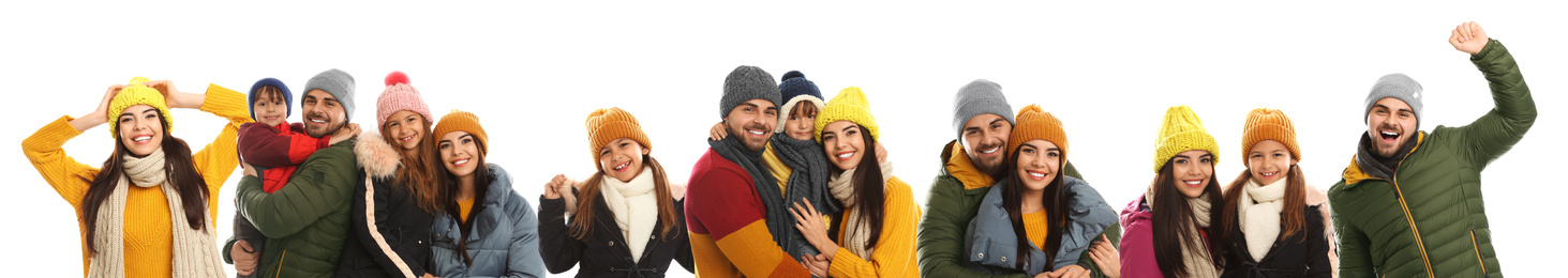 Collage with photos of people wearing warm clothes on white background, banner design. Winter vacation