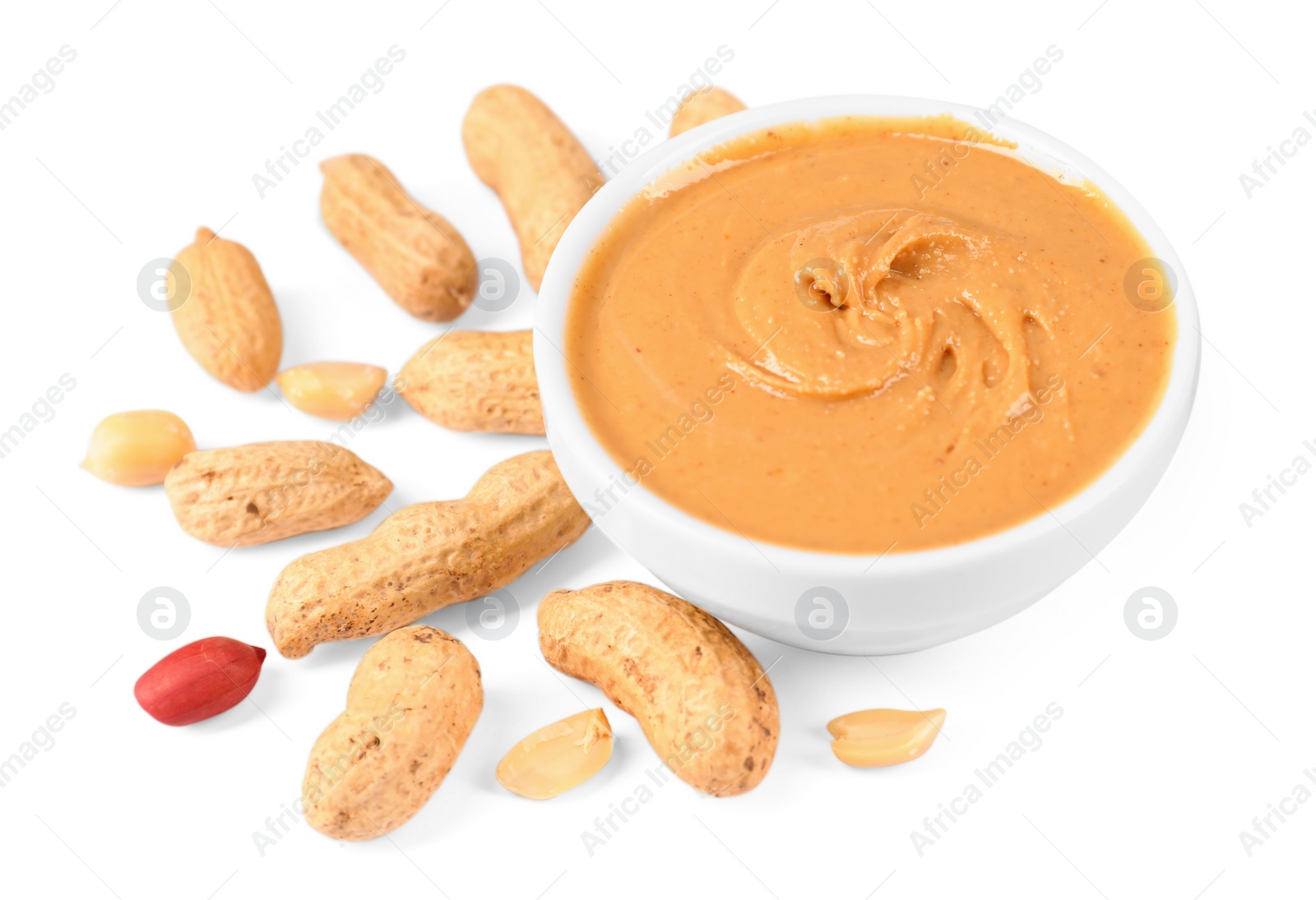 Photo of Delicious nut butter and peanuts isolated on white