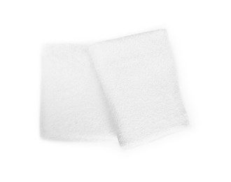 Photo of Terry towels isolated on white, top view