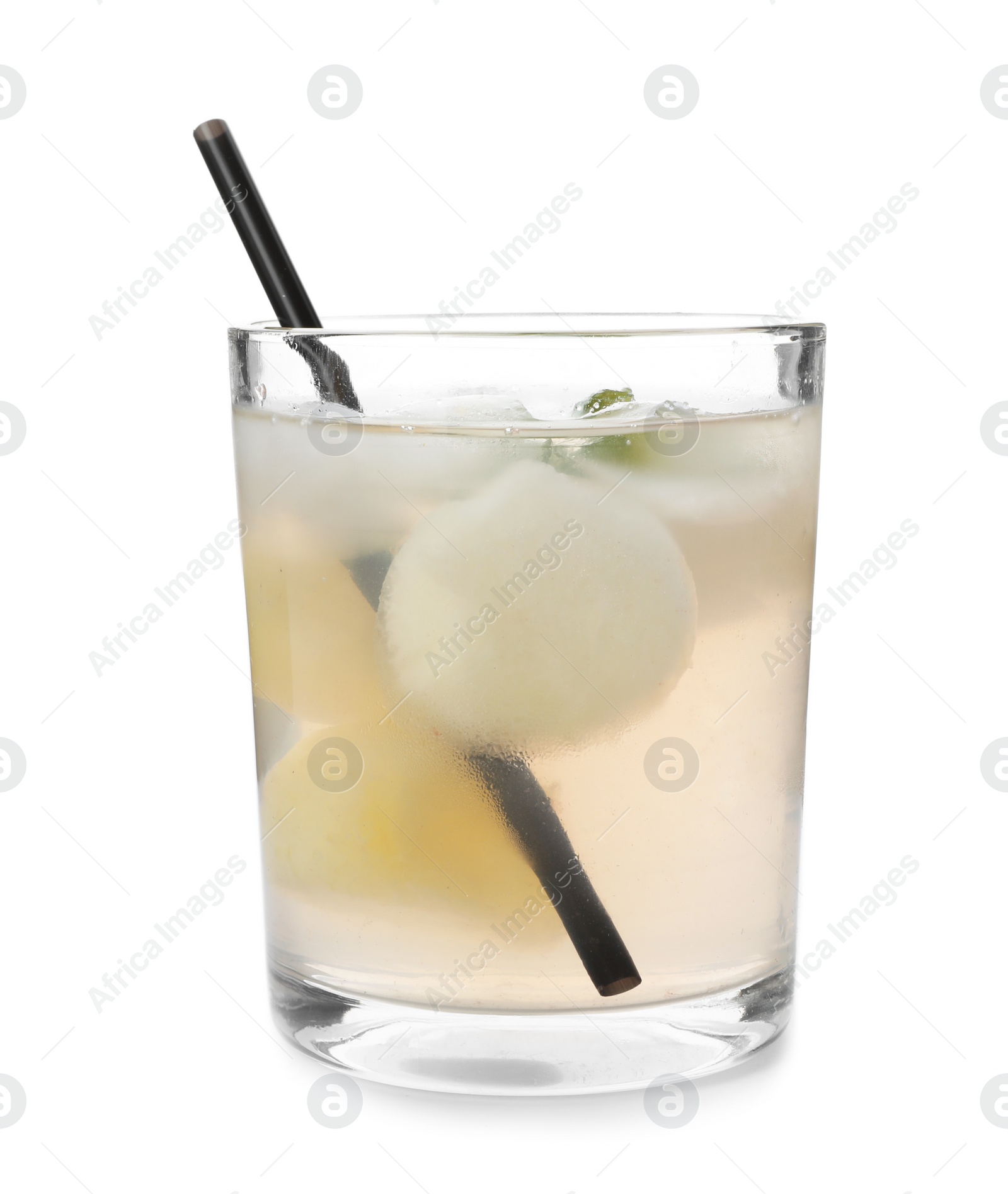 Photo of Glass with melon ball drink on white background