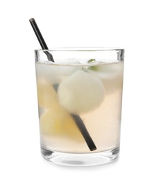 Glass with melon ball drink on white background