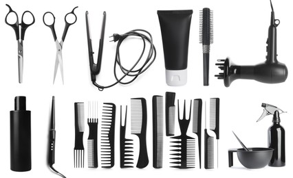 Image of Set with professional hairdresser tools and cosmetic products on white background