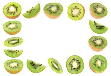 Image of Set with ripe kiwi fruits on white background