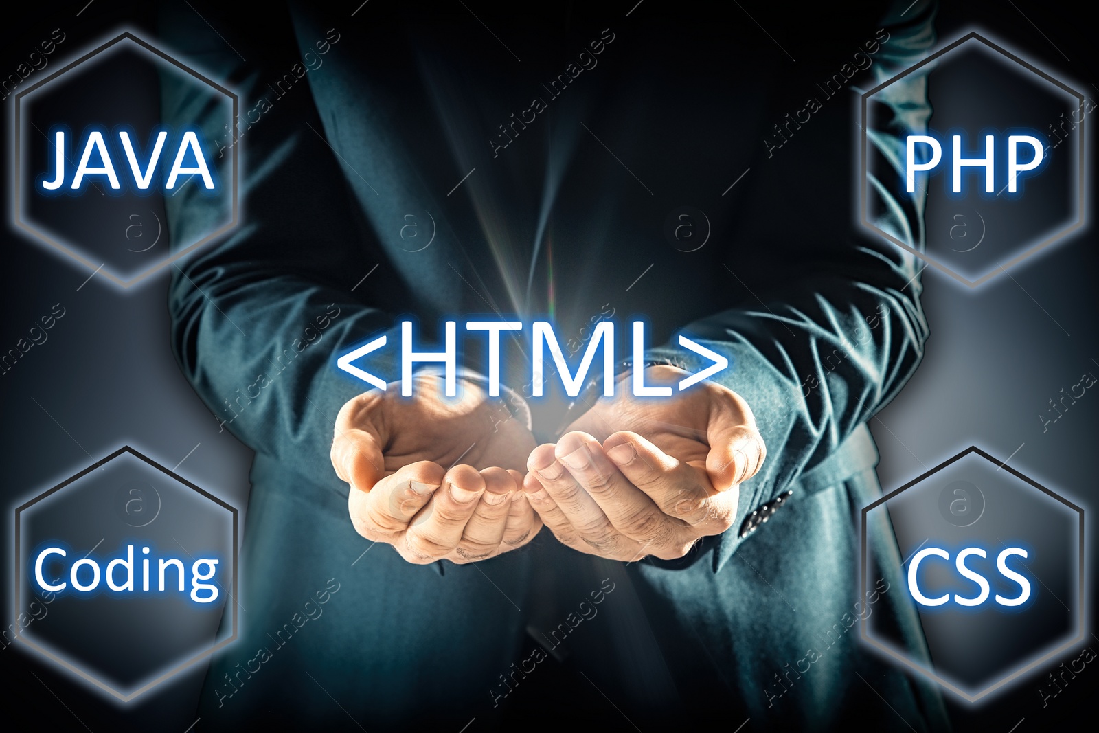 Image of Web development. Man and virtual screen with digital buttons, closeup 