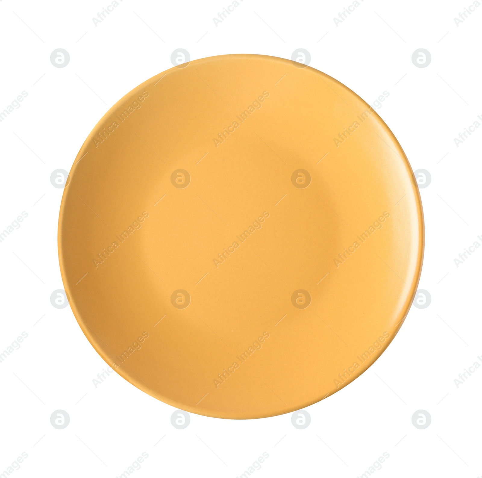 Photo of One orange ceramic plate isolated on white, top view