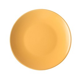 Photo of One orange ceramic plate isolated on white, top view