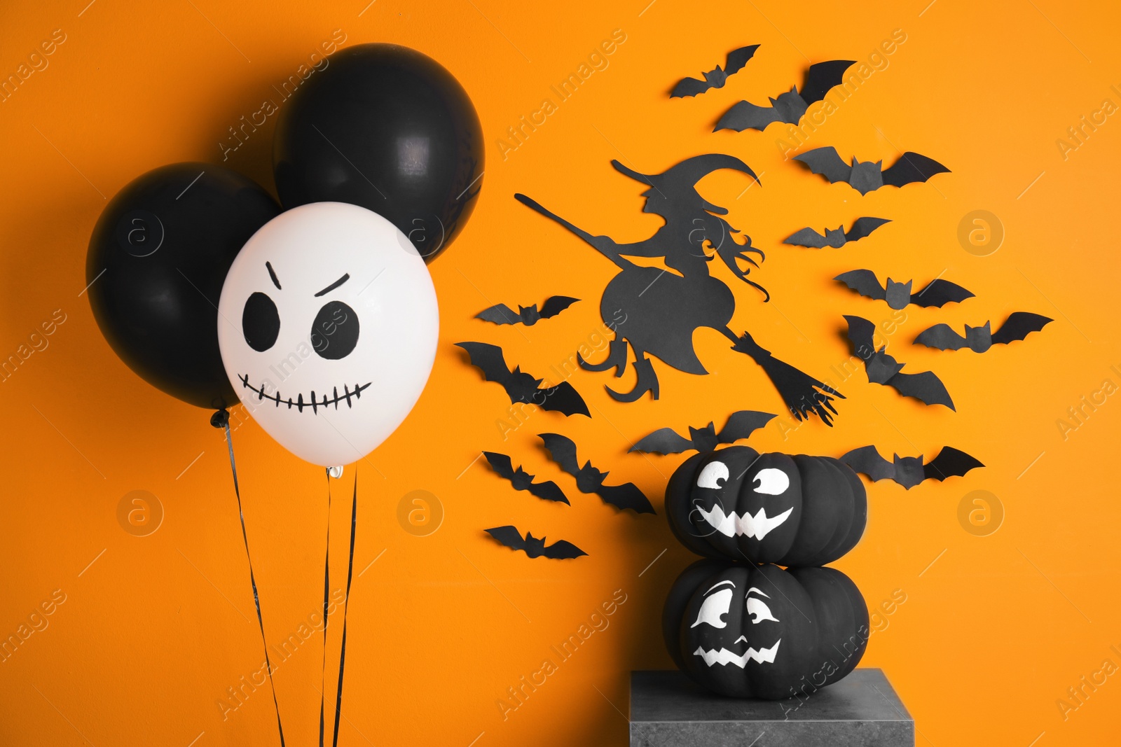 Photo of Set of Halloween decorations on color background