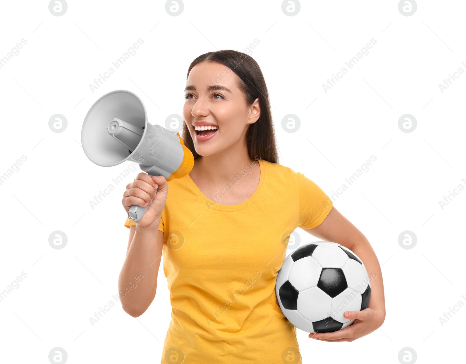 Photo of Happy fan with soccer ball using megaphone isolated on white