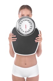 Photo of Slim woman with scale on white background. Healthy diet