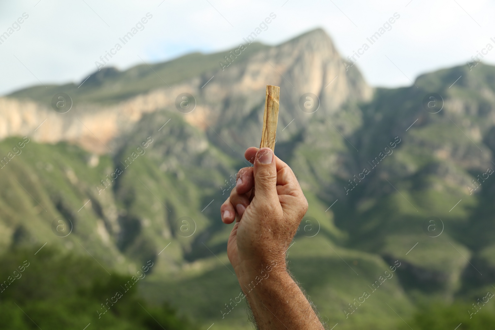 Photo of Man holding palo santo stick in high mountains, closeup