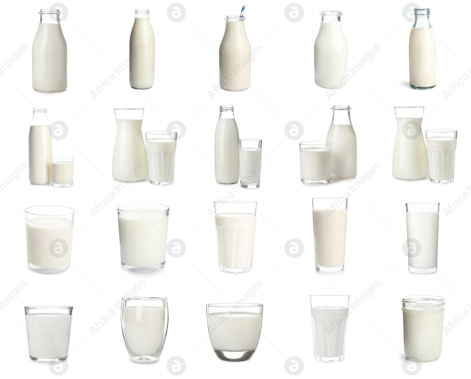 Image of Set with different glassware of fresh milk on white background