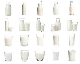 Image of Set with different glassware of fresh milk on white background