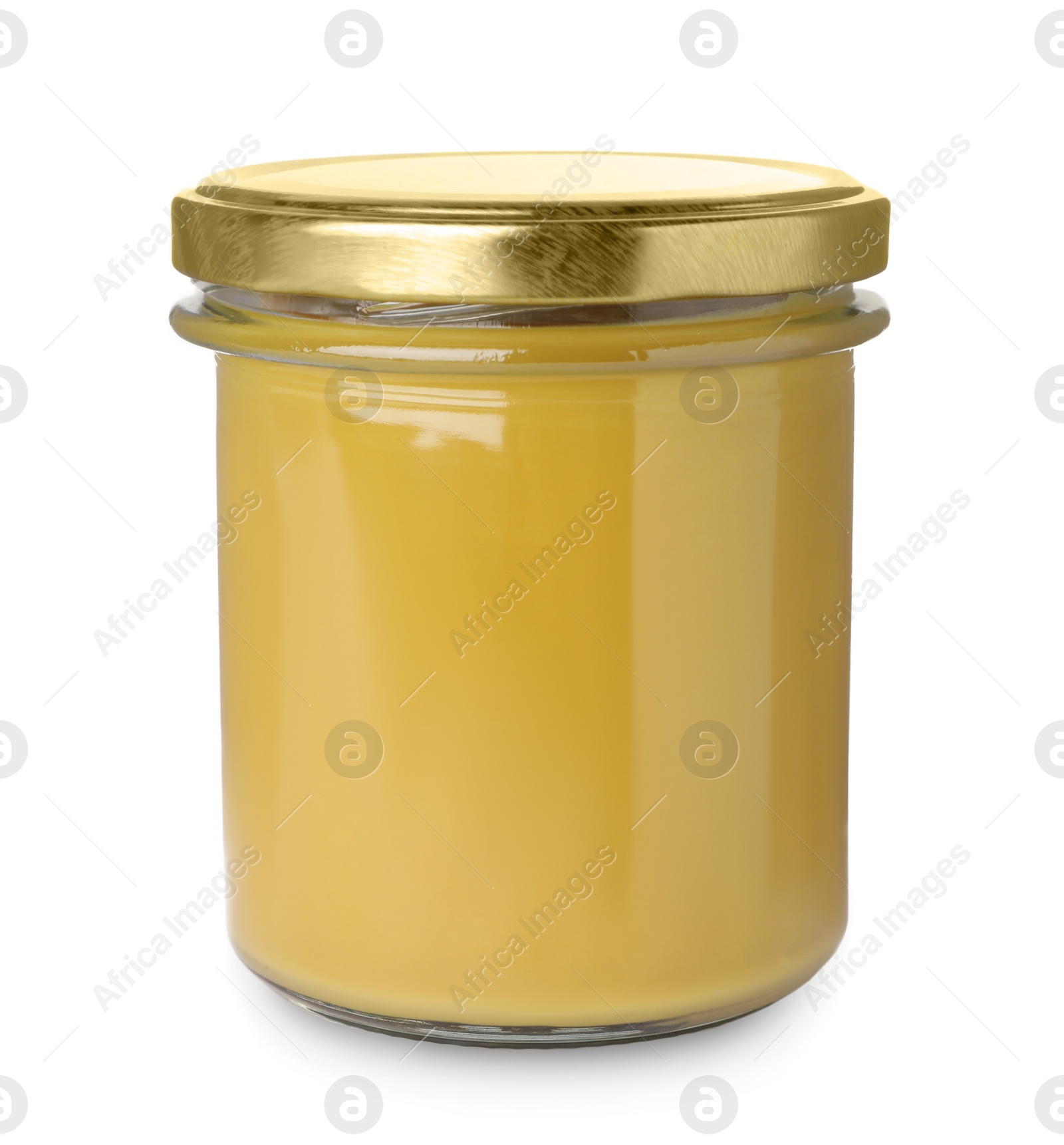 Photo of Glass jar of delicious mustard isolated on white