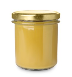 Photo of Glass jar of delicious mustard isolated on white