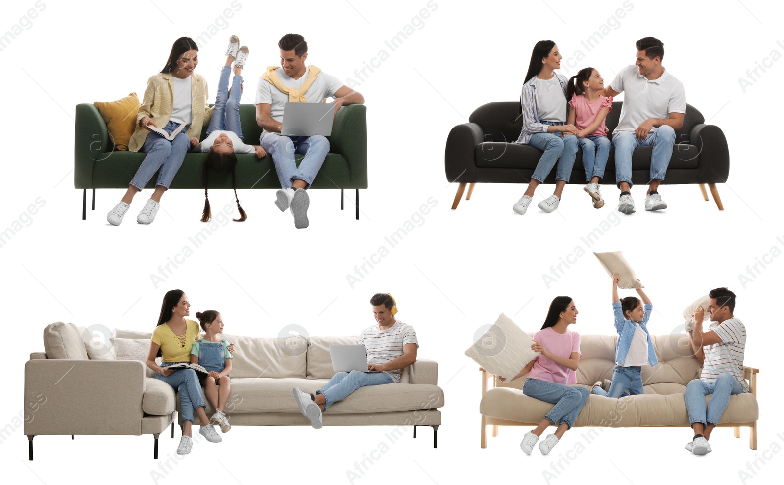 Image of People resting on different stylish sofas against white background, collage