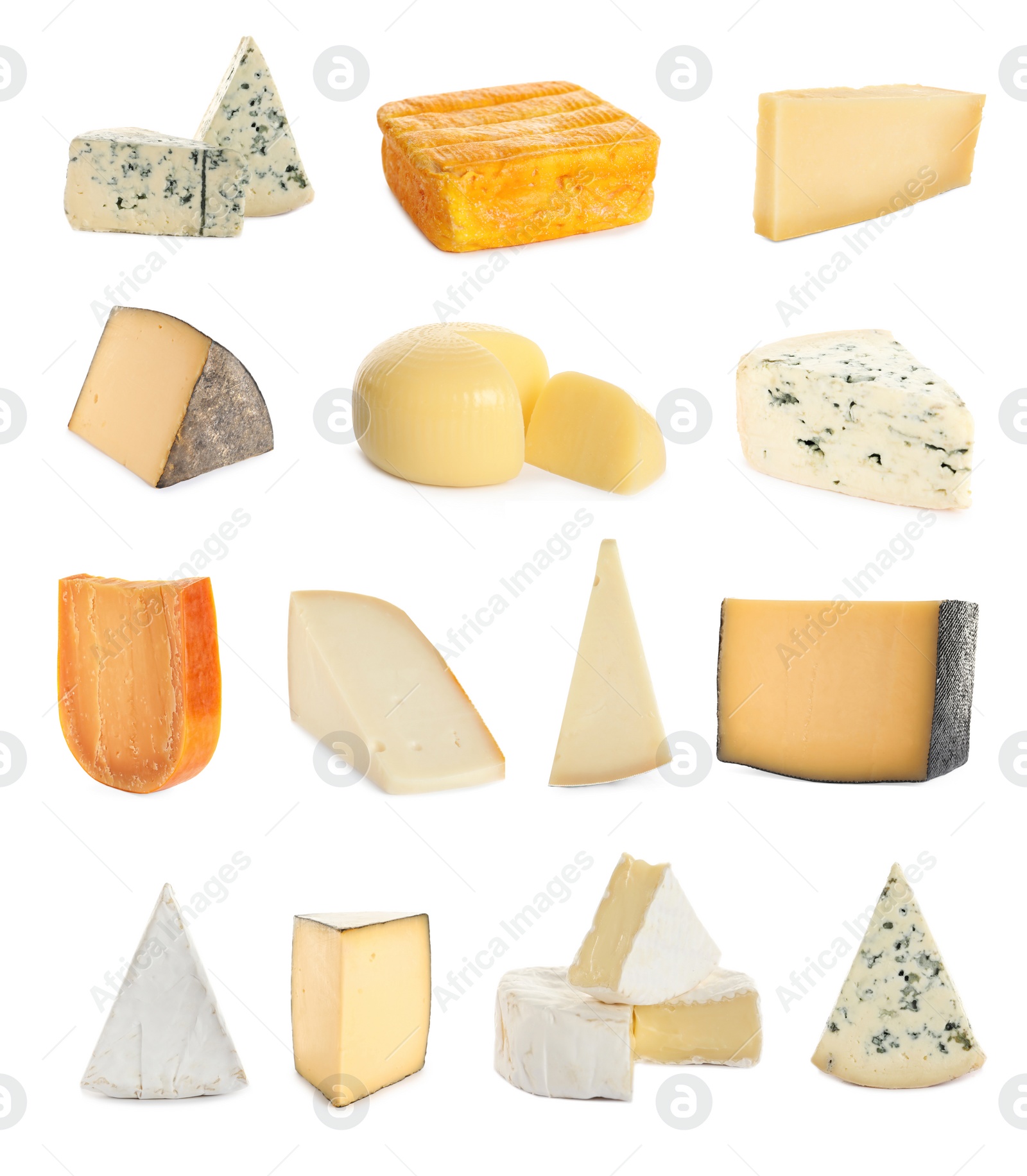 Image of Set with different sorts of cheese on white background