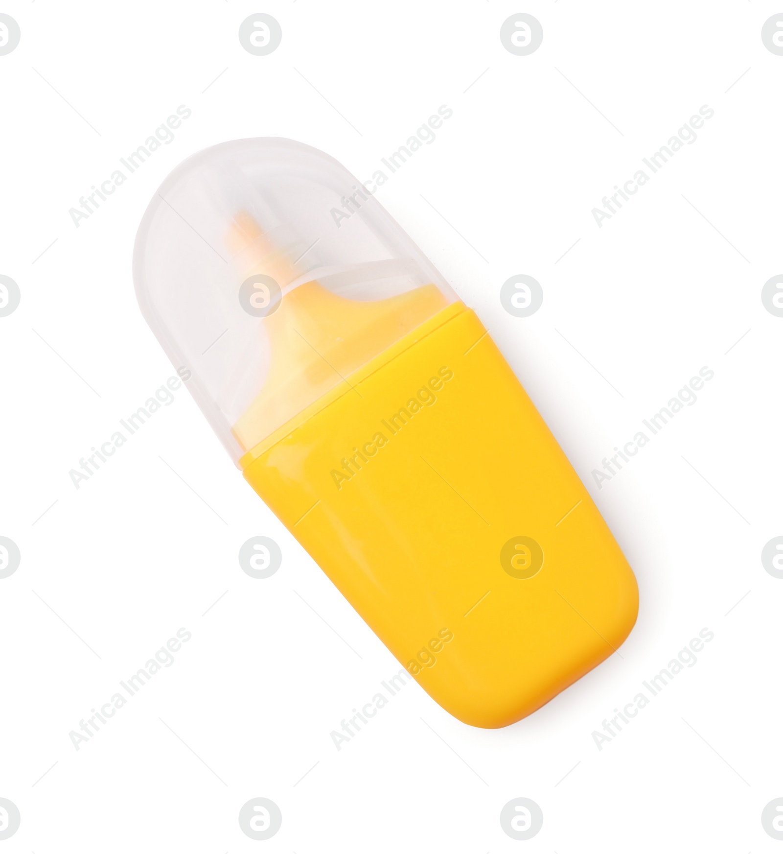 Photo of One yellow marker on white background, top view