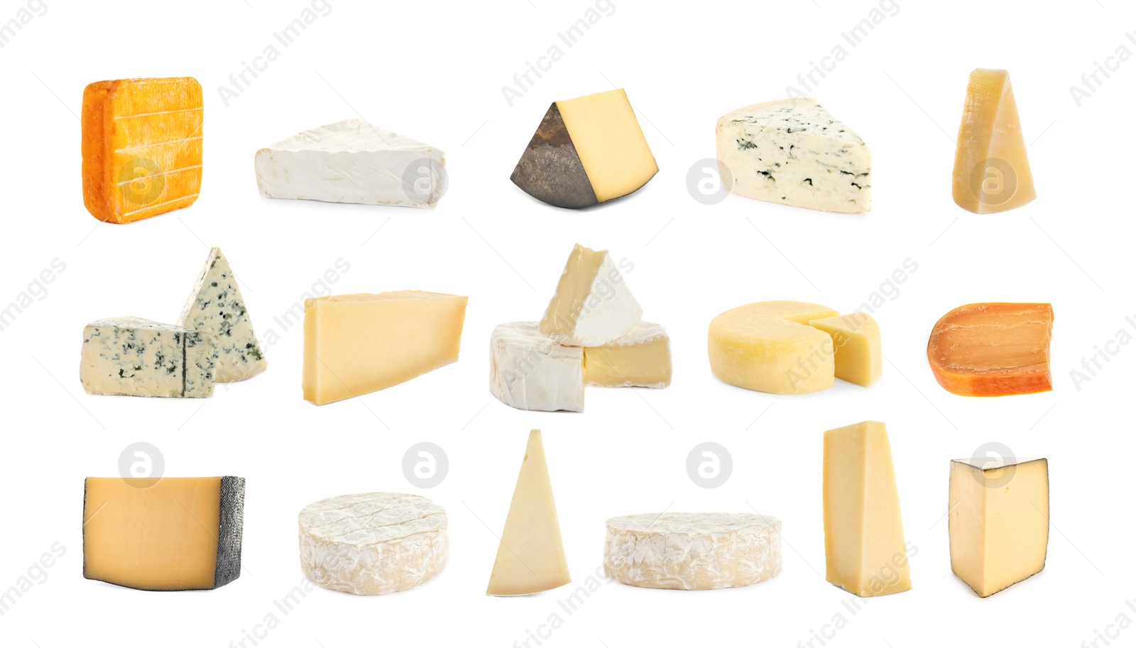 Image of Set with different sorts of cheese on white background. Banner design