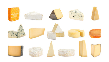 Image of Set with different sorts of cheese on white background. Banner design