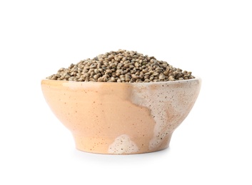 Bowl of hemp seeds on white background