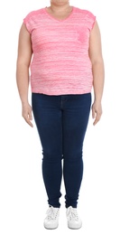 Photo of Overweight woman on white background, closeup. Weight loss