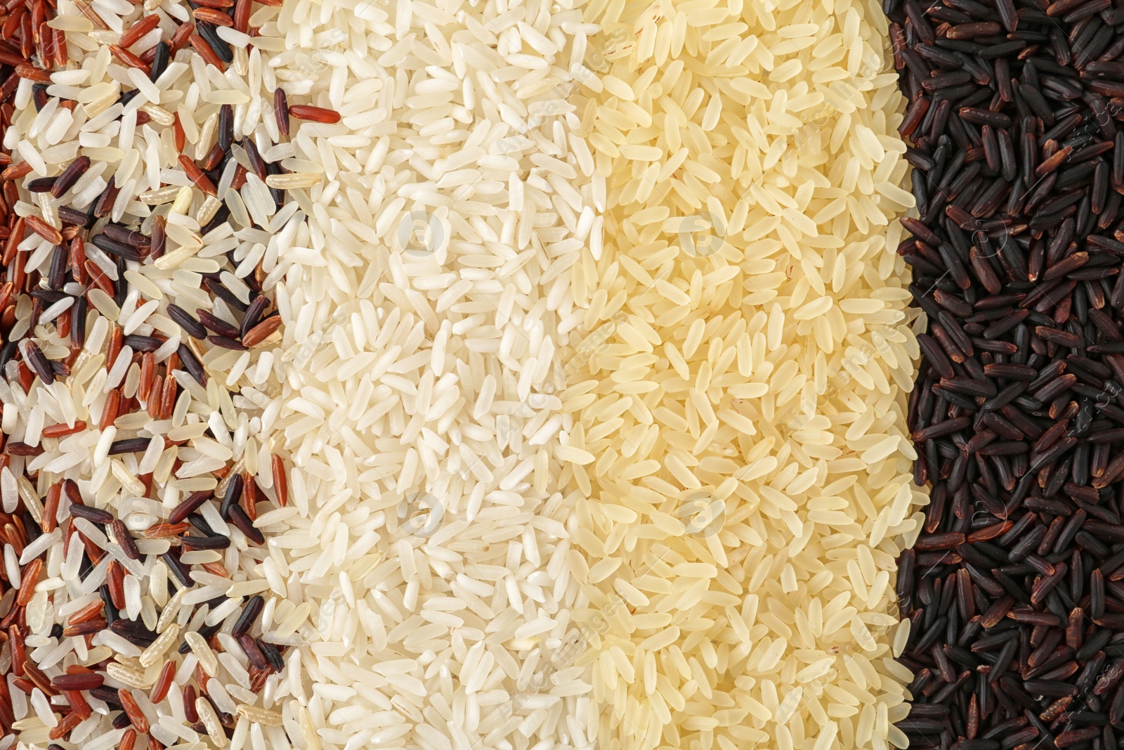 Photo of Brown and other types of rice as background, closeup